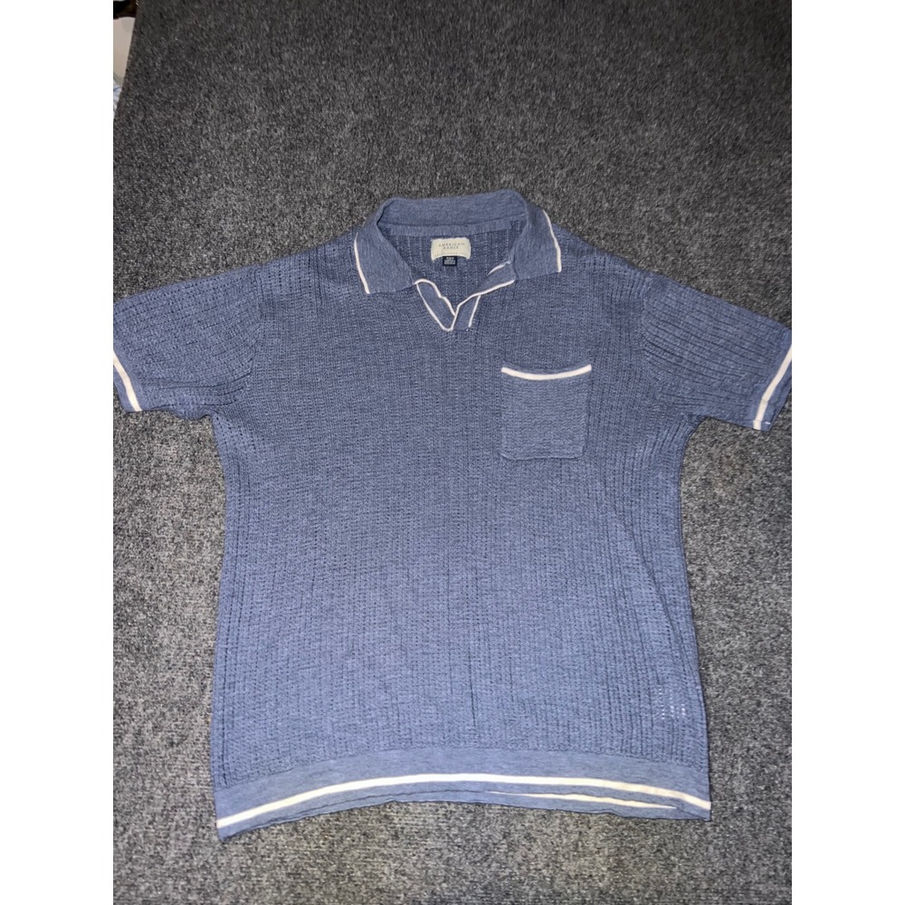 American Eagle Mens Blue Cotton Knit Short Sleeve Polo Sweater Size M